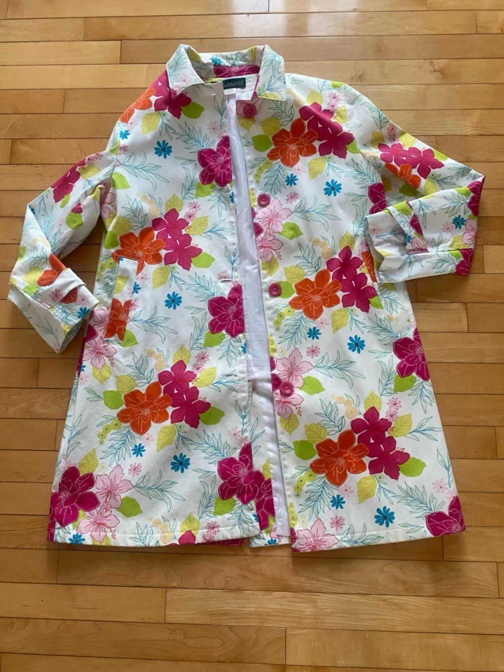 Harvé Benard Bold Colourful Floral button down lined cotton Spring Coat Size 16 - Picture 12 of 17